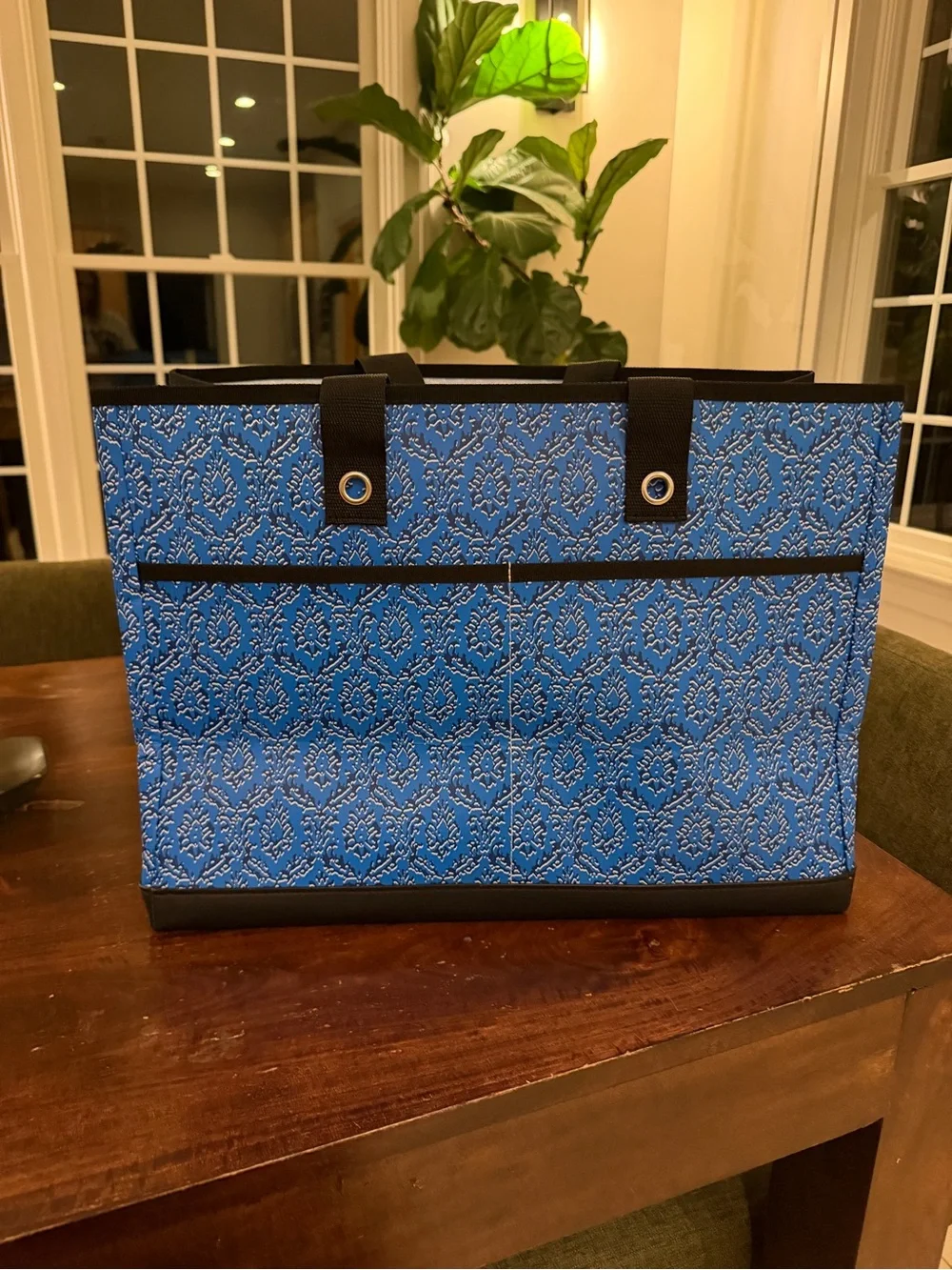 Scout Blue Patterned Tote with Black Straps and Interior Zip